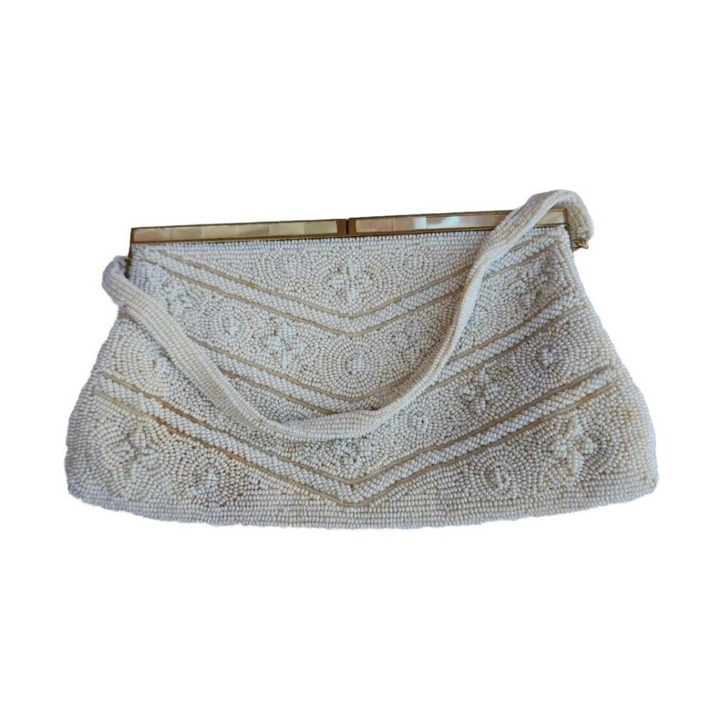 VTG Walborg Cream Microbeaded Evening Bag Purse W/ Fine Quality MOB& Metal Frame